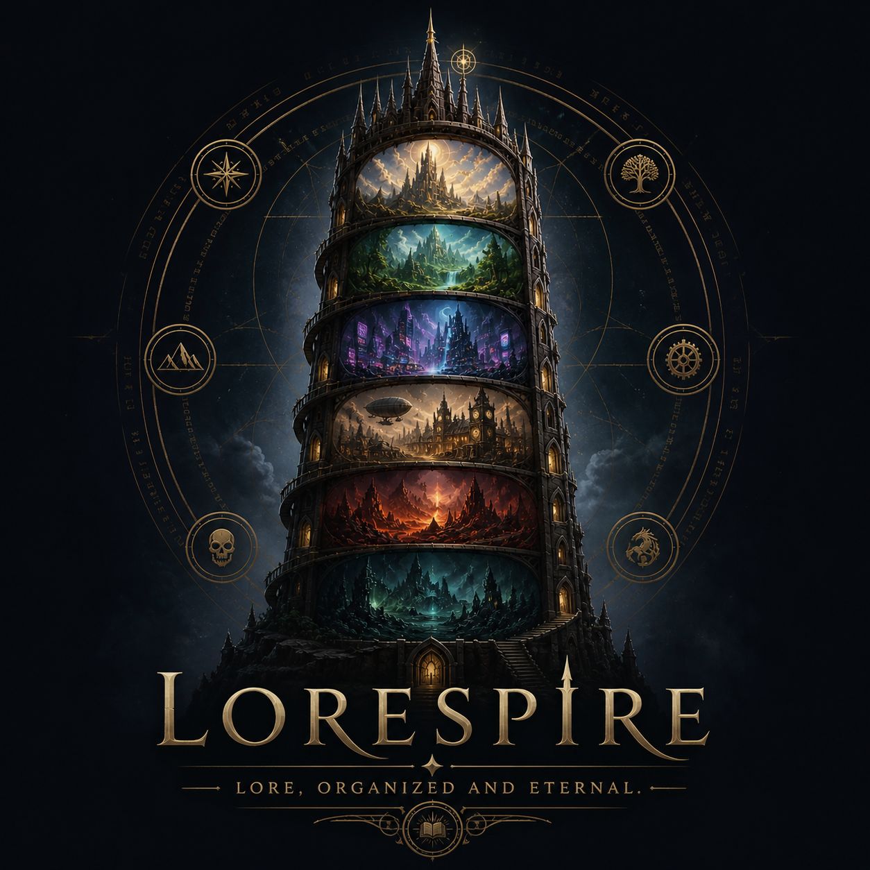 The Lorespire, an arcane tower with worlds preserved on each floor.
